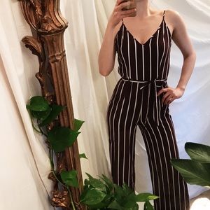 Burgundy stripe jumpsuit with tie belt